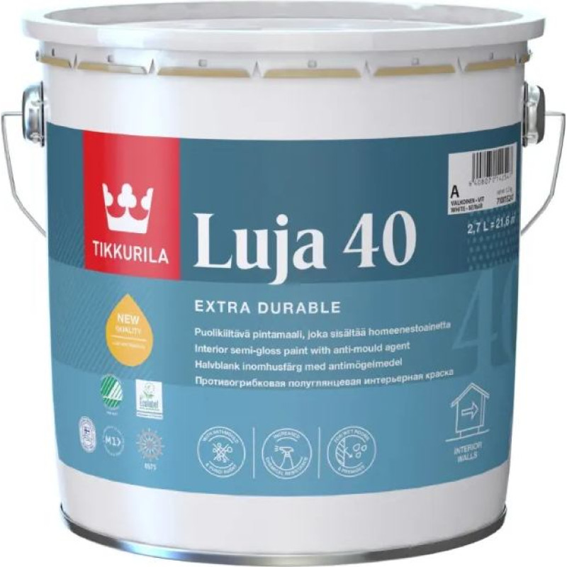 Tikkurila Luja 40 krāsa sienām, griestiem mitrām iekštelpām, pusspīdīga 2,7L