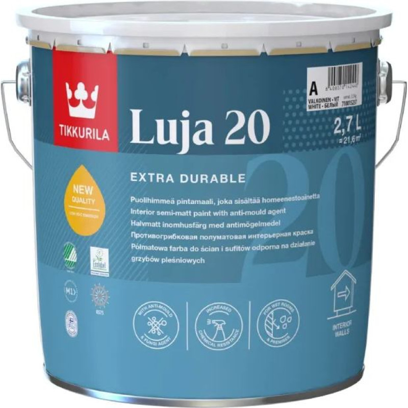 Tikkurila Luja 20 krāsa sienām, griestiem mitrām iekštelpām, pusmatēta 0,9L