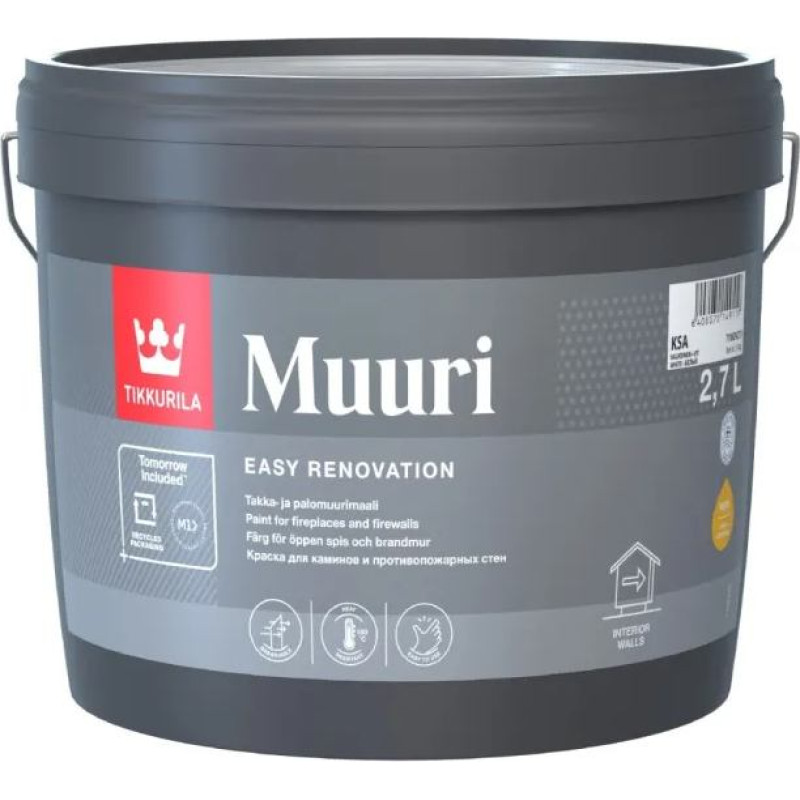 Tikkurila Muuri krāsa kamīniem un krāsns mūrīšiem, pilnīgi matēta 0,9L