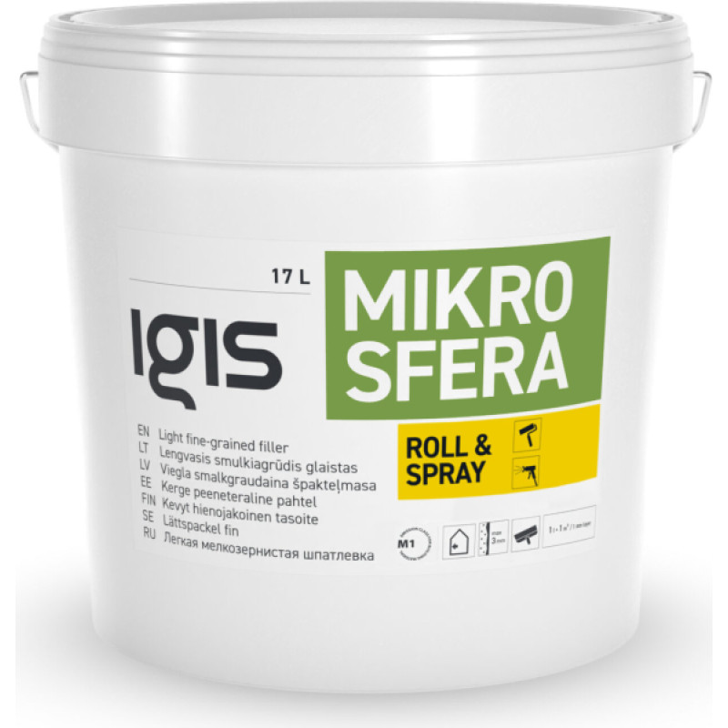 Igis Mikrosfera viegla smalkgraudainā špakteļmasa 17L "Roll&Spray" spainis