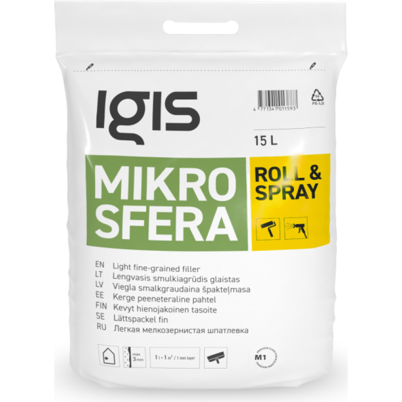 Igis Mikrosfera viegla smalkgraudainā špakteļmasa 17L "Roll&Spray" maiss