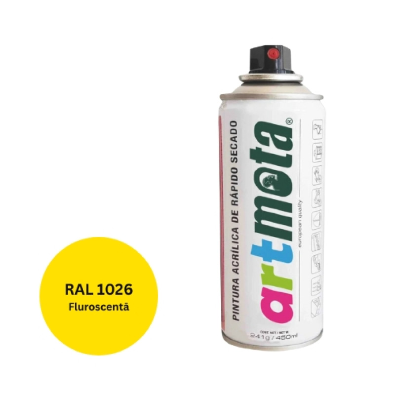 Artmota Akrila aerosola krāsa 450 ml, flouriscenta dzeltena, RAL1026