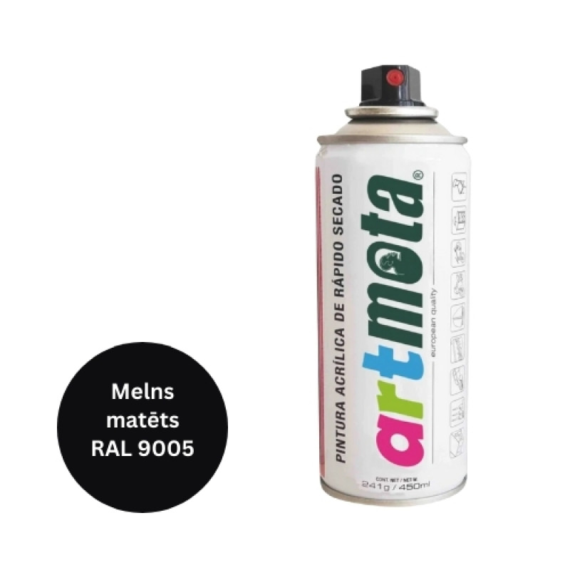 Artmota Akrila aerosola krāsa 450 ml, matēta melna, RAL9005