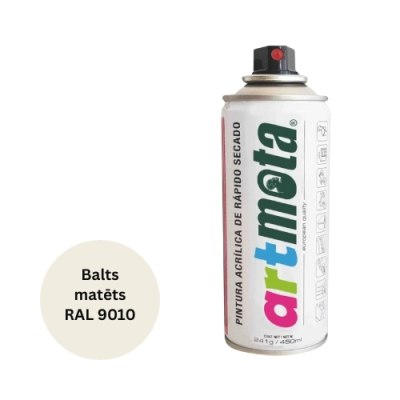 Artmota Akrila aerosola krāsa 450 ml, matēta balta, RAL9011