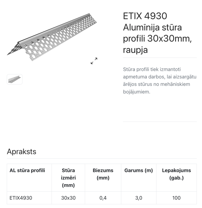 ETIX 4930 Aluminija stūris 30x30 mm perforēts 0,4 mm CE - Image 2