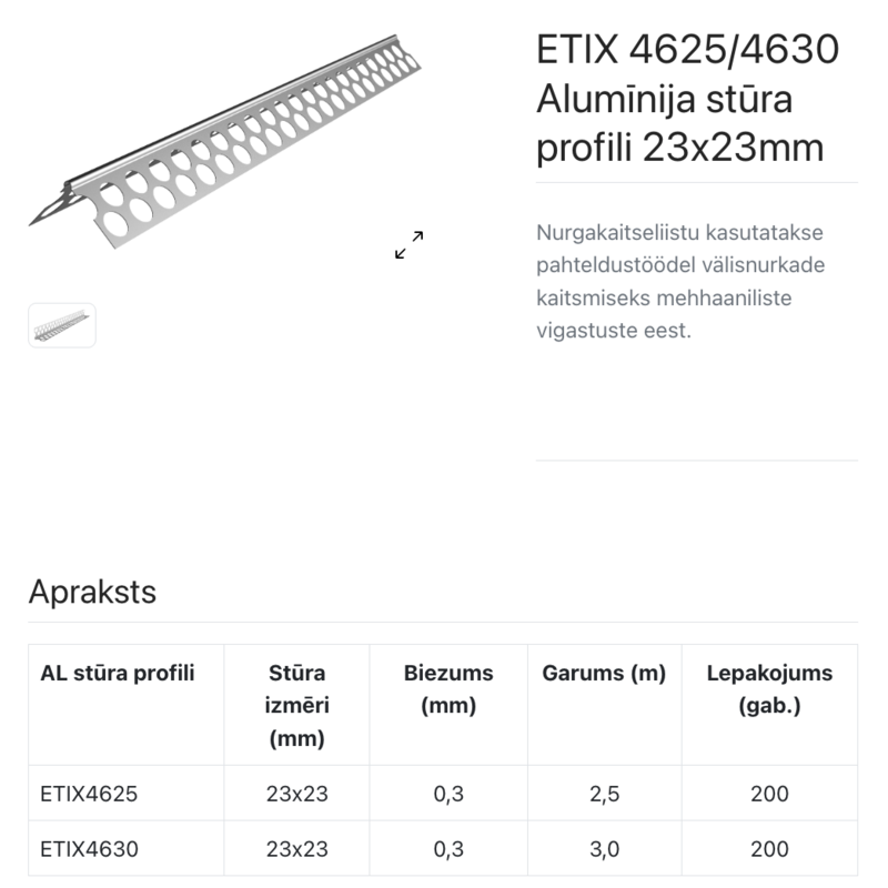 ETIX 4525 Alumīja stūris 23x23 mm perforēts 0,3 mm 2,5m - Image 2