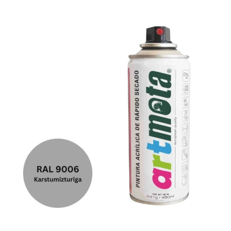 Akrila aerosola krāsa 450 ml, karstumizturīga pelēka, RAL9006 - Image 1