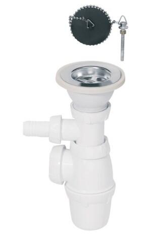 Izlietnes sifons ar izplūdi un korķi ar ķēdi, 1½ x 40 mm, bez noteces, ar pieslēgu, plastmasa, balts - Image 1