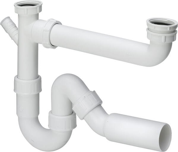 Virtuves izlietnes sifons dubultai izlietnei, 1½ x 50 mm, ar pieslēgu, plastmasa, balts - Image 1
