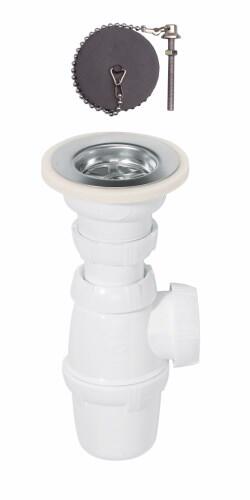 Izlietnes sifons ar izplūdi un korķi ar ķēdi, 1½ x 40 mm, bez noteces, plastmasa, balts - Image 1