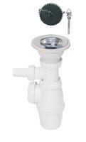 Izlietnes sifons ar izplūdi un korķi ar ķēdi, 1½ x 40 mm, bez noteces, ar pieslēgu, plastmasa, balts
