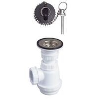 Izlietnes sifons ar izplūdi un korķi ar ķēdi, 1¼ x 32 mm, bez noteces, plastmasa, balts