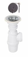Izlietnes sifons ar izplūdi un korķi ar ķēdi, 1½ x 40 mm, bez noteces, plastmasa, balts