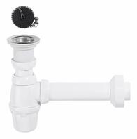 Izlietnes sifons ar izplūdi un korķi ar ķēdi, 1½ x 40 mm, plastmasa, balts